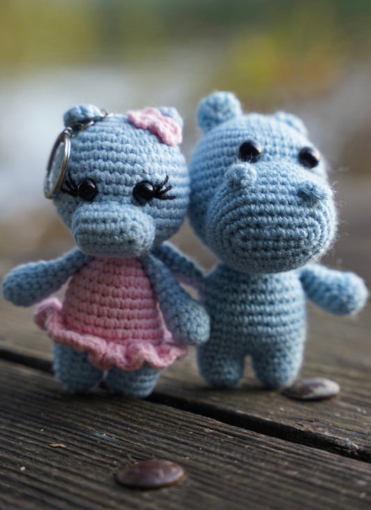 Handmade Crochet Hippo Couple Keychain